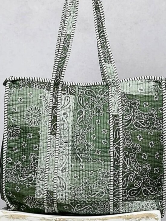 POL Handbags - POL Green Cream Quilted Cotton Tote Shoulder Bag Zipper Large Travel